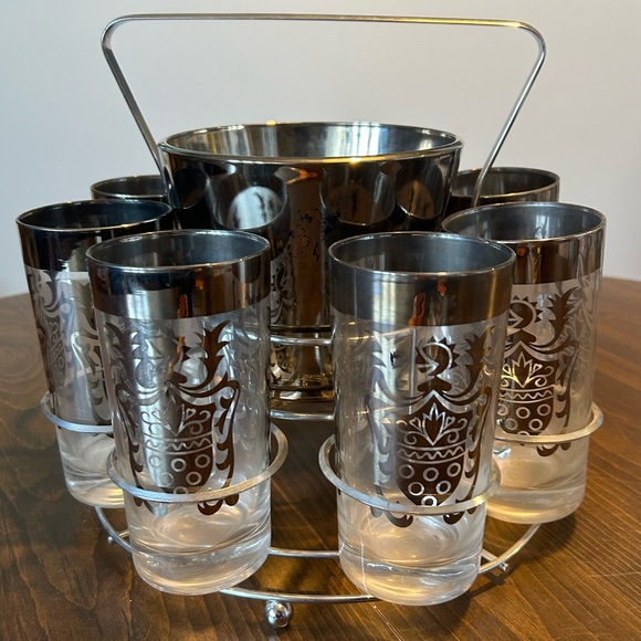 Vintage MCM Kimiko Silver Heraldic Highball Glassware Barware Caddy - Picture 11 of 11